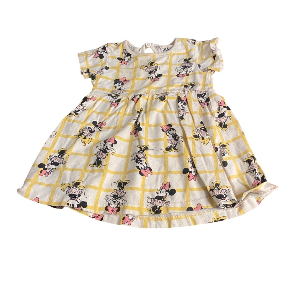Disney Minnie Mouse yellow checkered short sleeve fit flare baby dress SIZE 6-9M